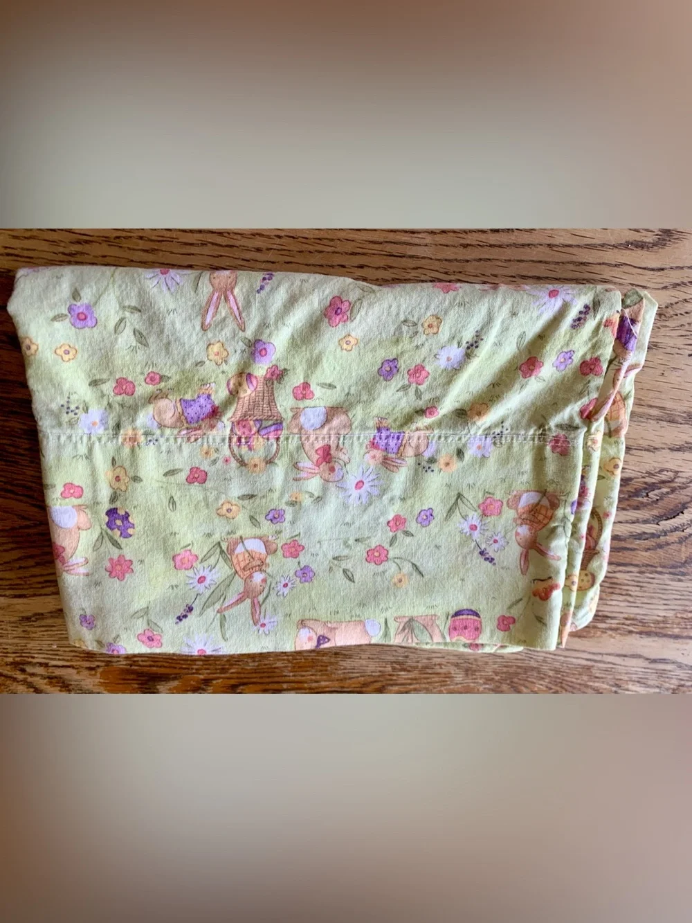 vintage style whimsical pillowcase pastel Easter bunny florals soft green
